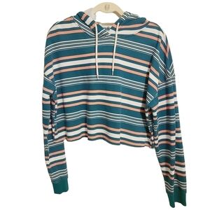 Flirtitude Active | Women's Pink and Green Striped Cropped Hoodie (Size XL)